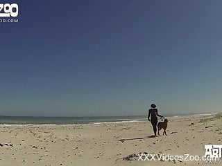 Brazilian chick in leather fucks with a horny brown hound