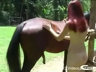 Redhead hottie gives a gorgeous blowjob for a trained horse