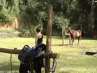 Dress-wearing babe gets her asshole fucked by a horse