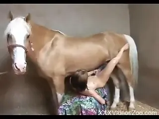 Skinny lady in a colorful outfit fucks a big-dicked horse