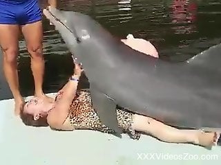 Dolphin dry-humping a curly-haired mature lady
