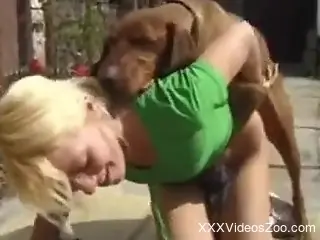 Blonde wife outdoor drilled by the dog and splashed with jizz