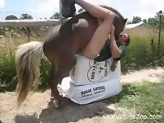 Nude man anal drilled by a horse in outdoor perversions