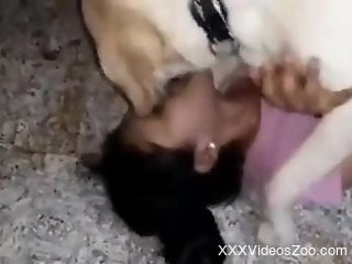 Dog licks woman's face and pussy during her solo kinks