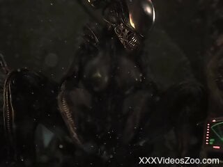 Alien creature with huge metal tits craves human cock in it