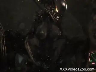 Alien creature with huge metal tits craves human cock in it